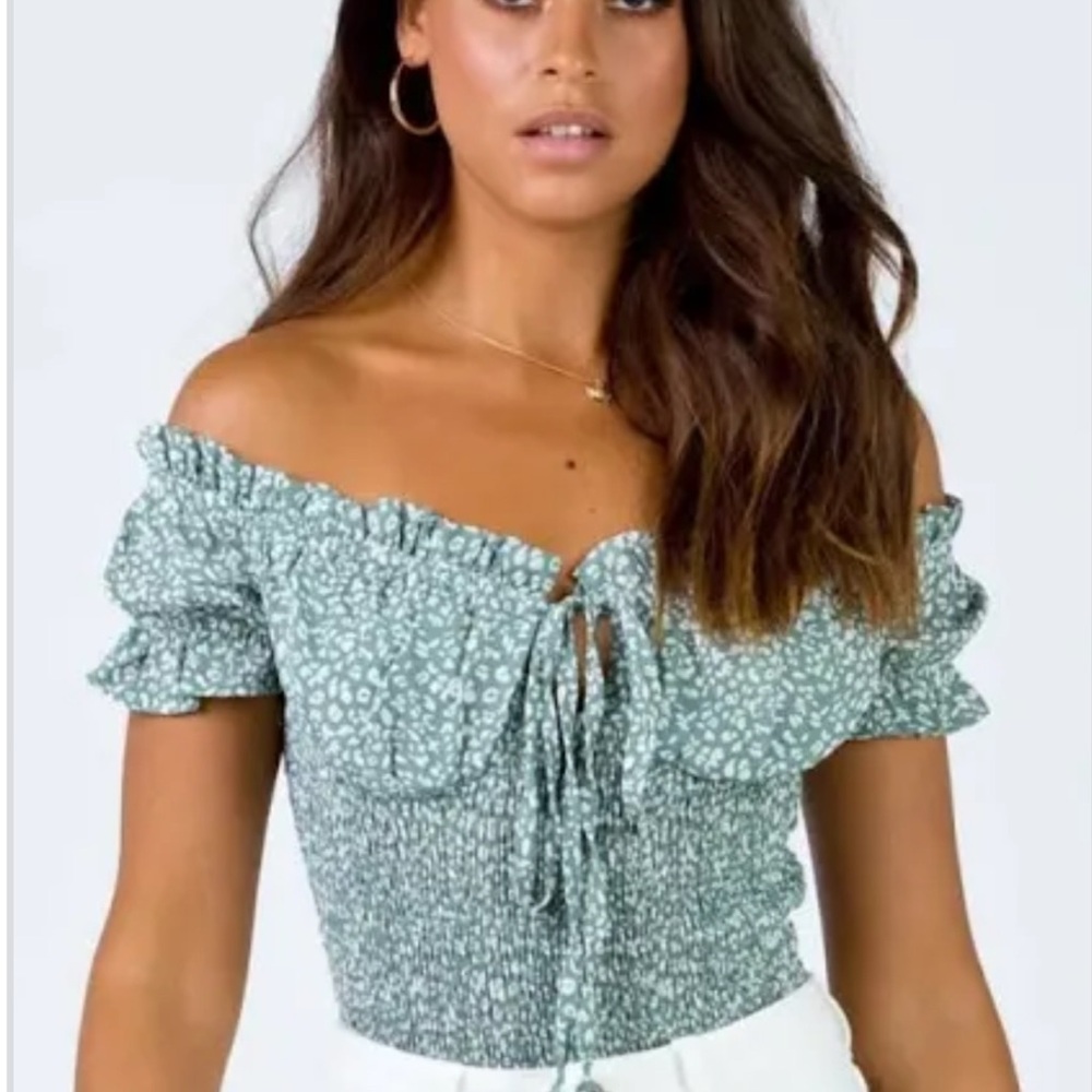 Princess Polly Green and White Bodysuit with Ruffled Off-Shoulder Neckline